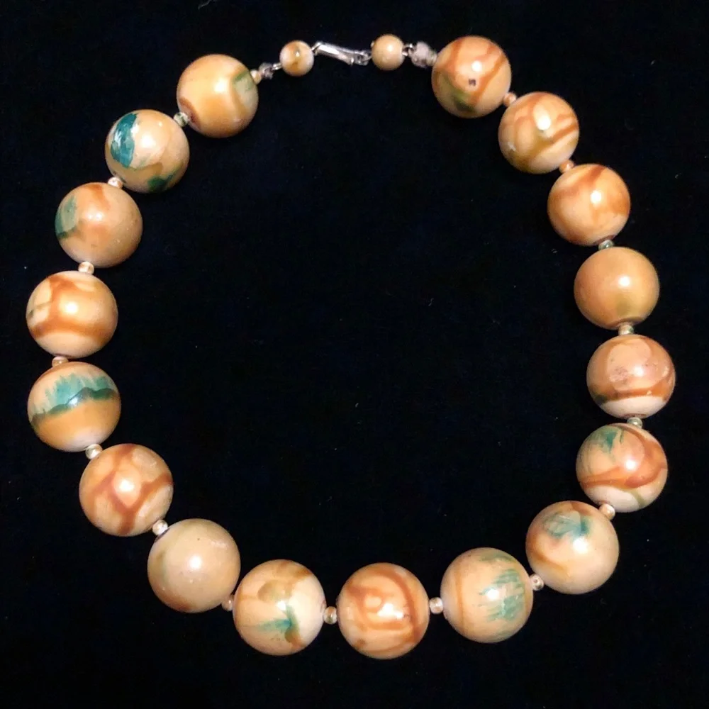 Vintage Kid’s Yellow-Tan and Green Wooden Beaded Necklace
